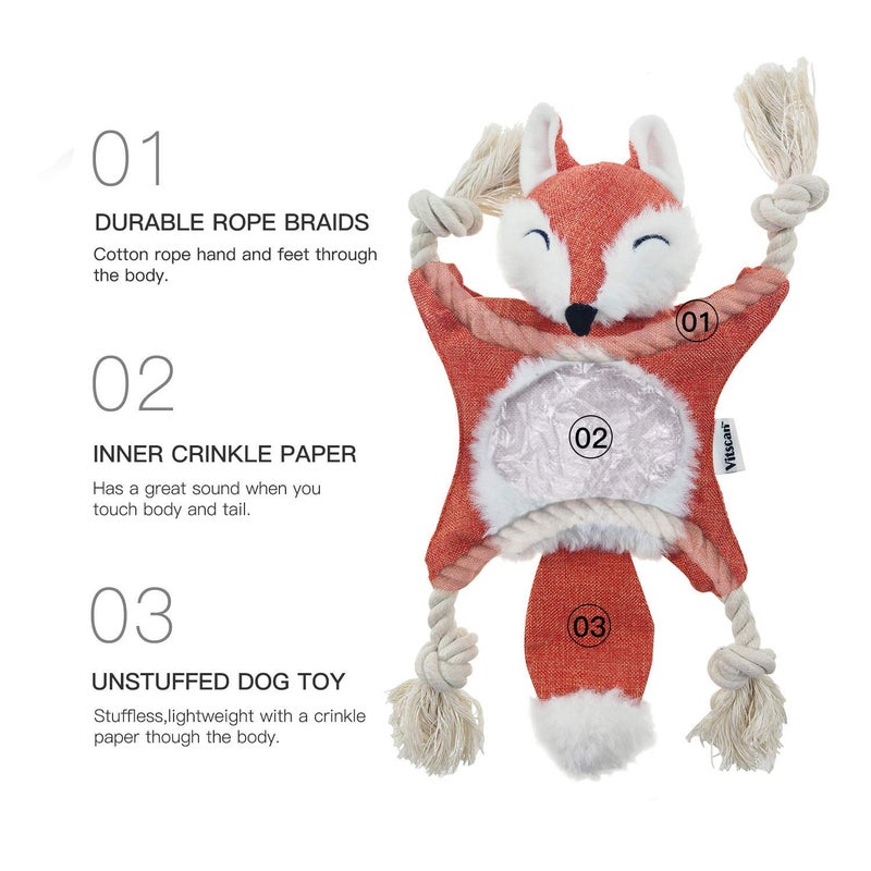 Vitscan Fox Dog Toy with Squeaker, Stuffless Dog Toy Crinkle Hunting Dog Toy Plush Durable Dog Squeaky Toys Cotton Rope Dog Toy Throughout the Body Cute Dog Chew Toys for Puppies with Eyes Embroidery Design - Image 2